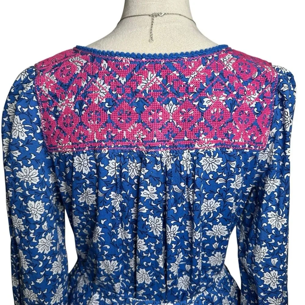 J.Crew Boho Midi Dress Small |‎ Blue Pink Floral Embroidered Tassel Cottagecore